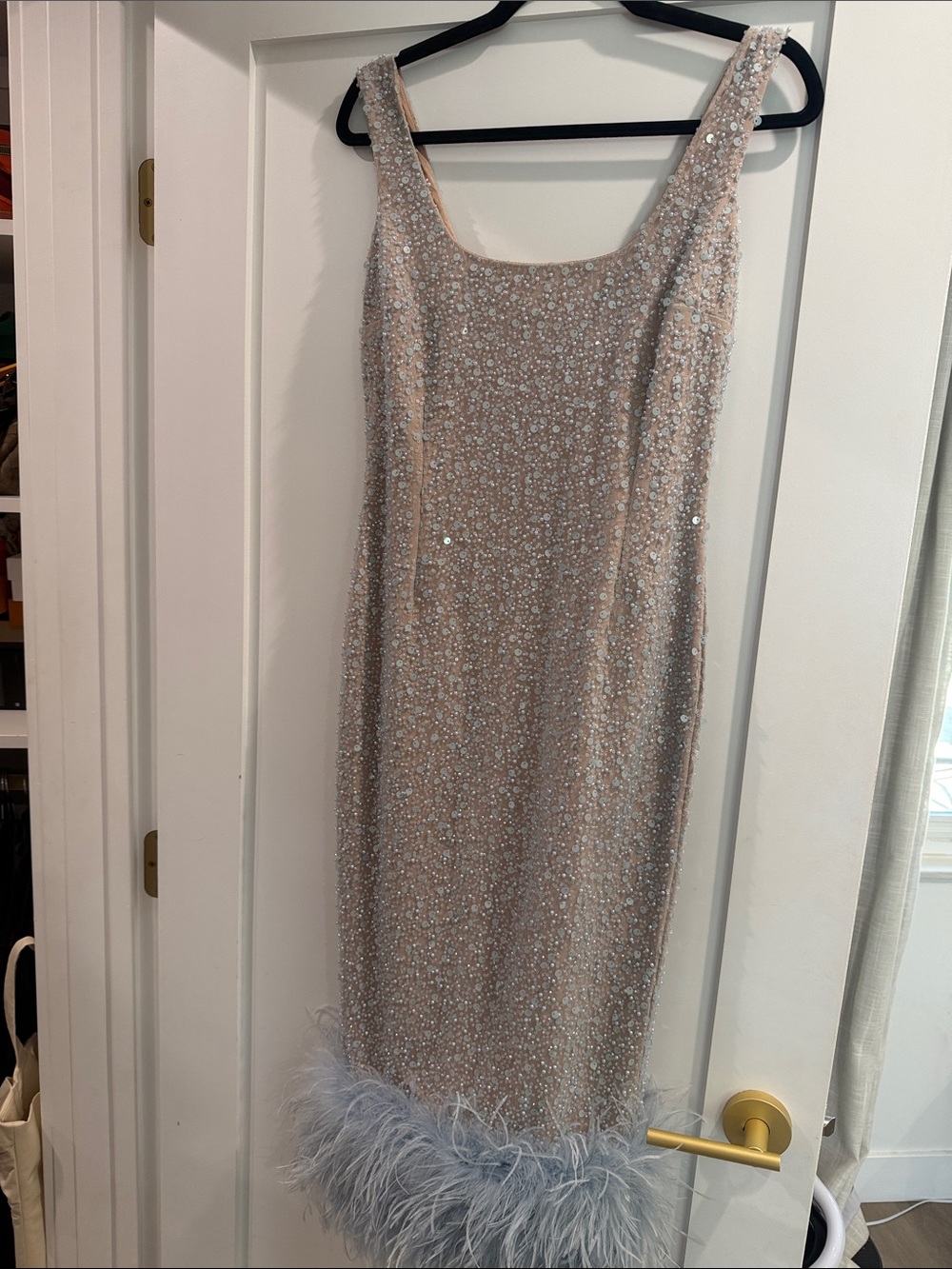 NADINE MERABI Blush Sequin Midi Dress with Feather Hem